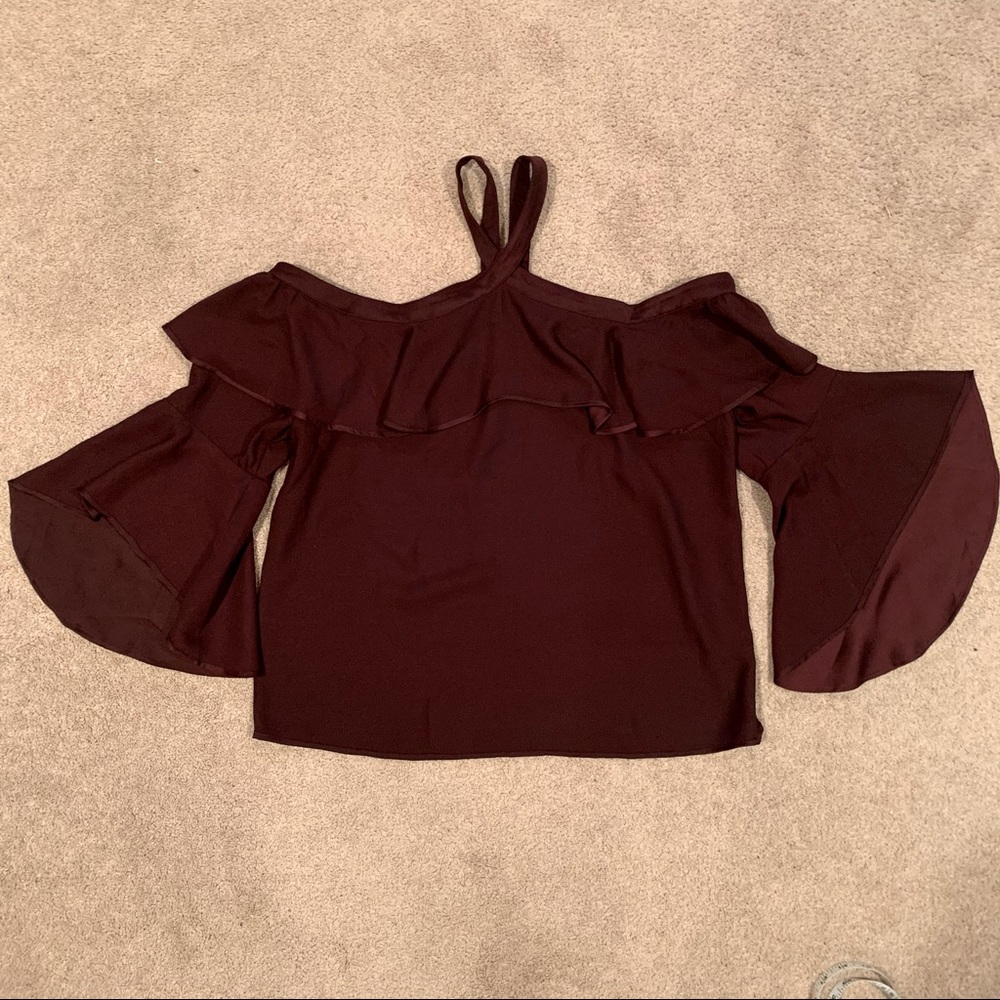 Loft burgundy bell sleeve halter cold shoulder top
